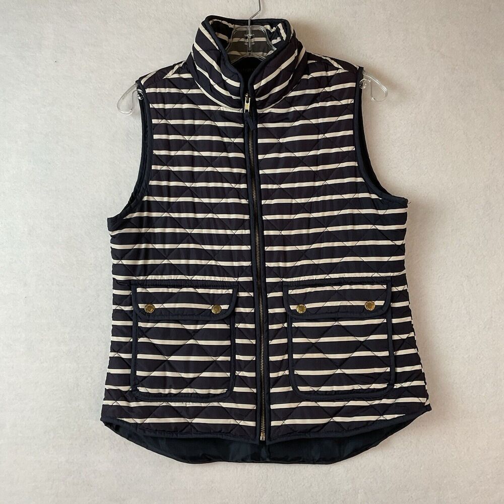 British Khaki Puffer‎ Vest Womens Medium Navy Blue Ivory Stripes Full Front Zip